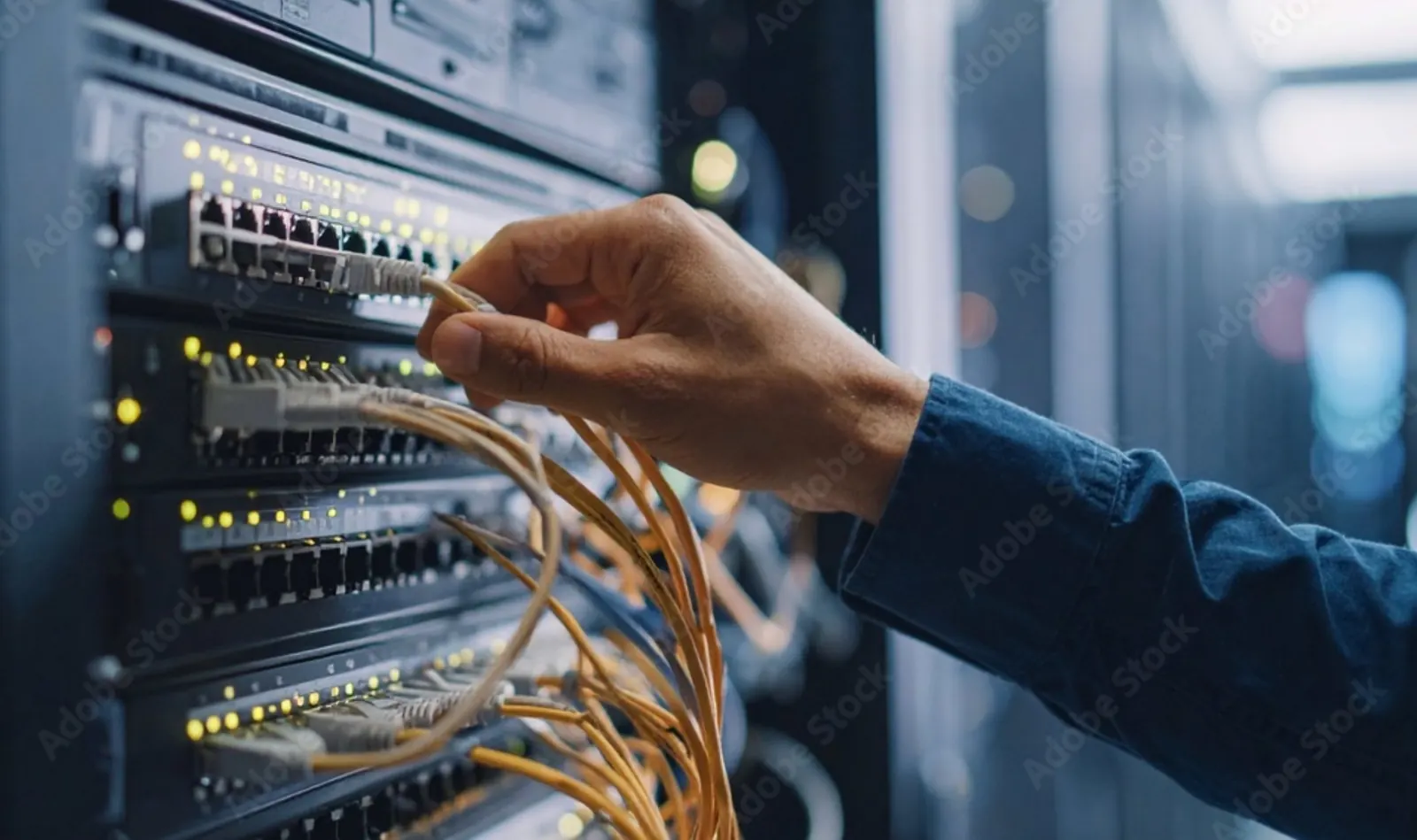 Techniker steckt Netzwerkkabel in einen Serverschrank